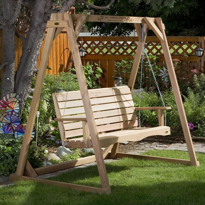 All Things Cedar A-Frame porch swing set, a freestanding frame-mounted swing