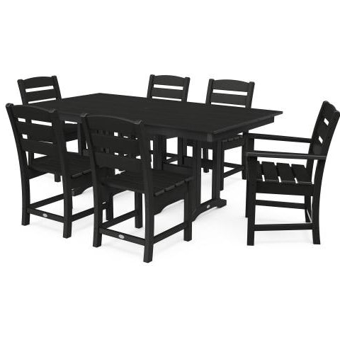 Polywood Lakeside 7-Piece Farmhouse Dining Set arranged on an outdoor patio