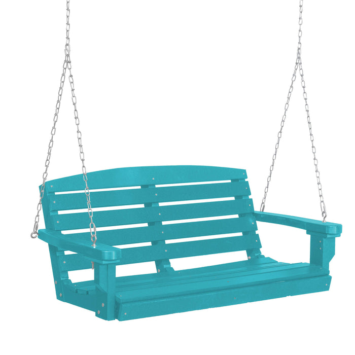 Wildridge recycled plastic porch swing in Aruba Blue, ready for cozy fall evenings